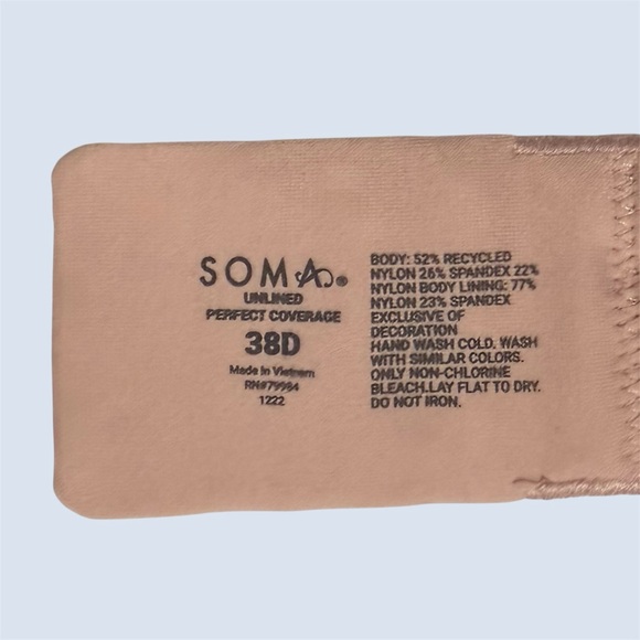 Soma Stretch Lace Unlined Perfect Coverage Non-Padded Underwire Bra, Hush ~ 38D - Picture 5 of 5